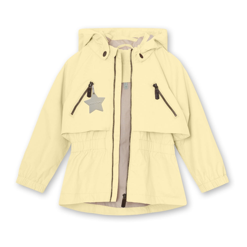 MINI A TURE Matalgea spring jacket double cream, hooded with star patch and zip pockets shown in a flat lay.