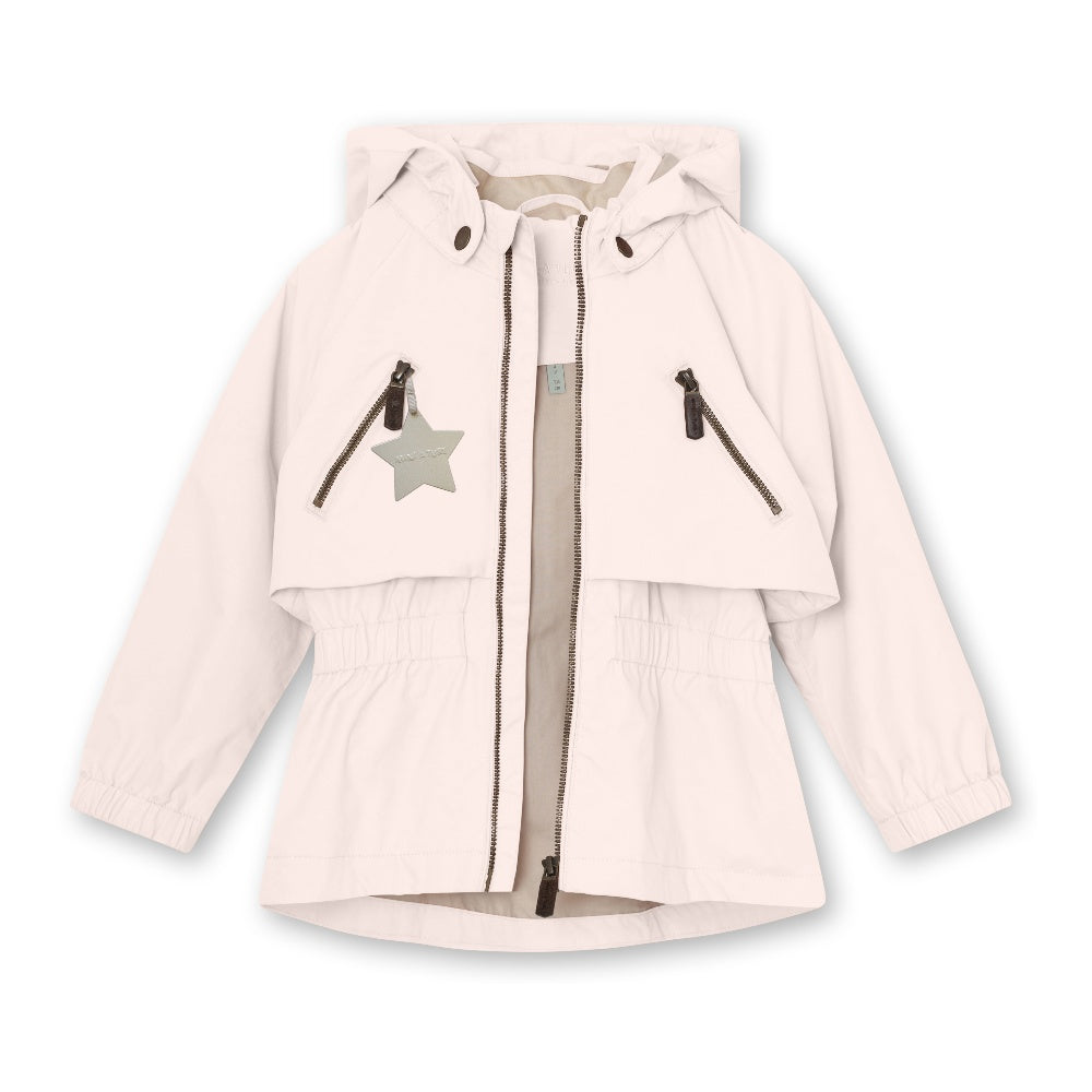 MINI A TURE Matalgea Spring Jacket Grs Silver Peony: pale pink hooded jacket with zip pockets and silver star patch.