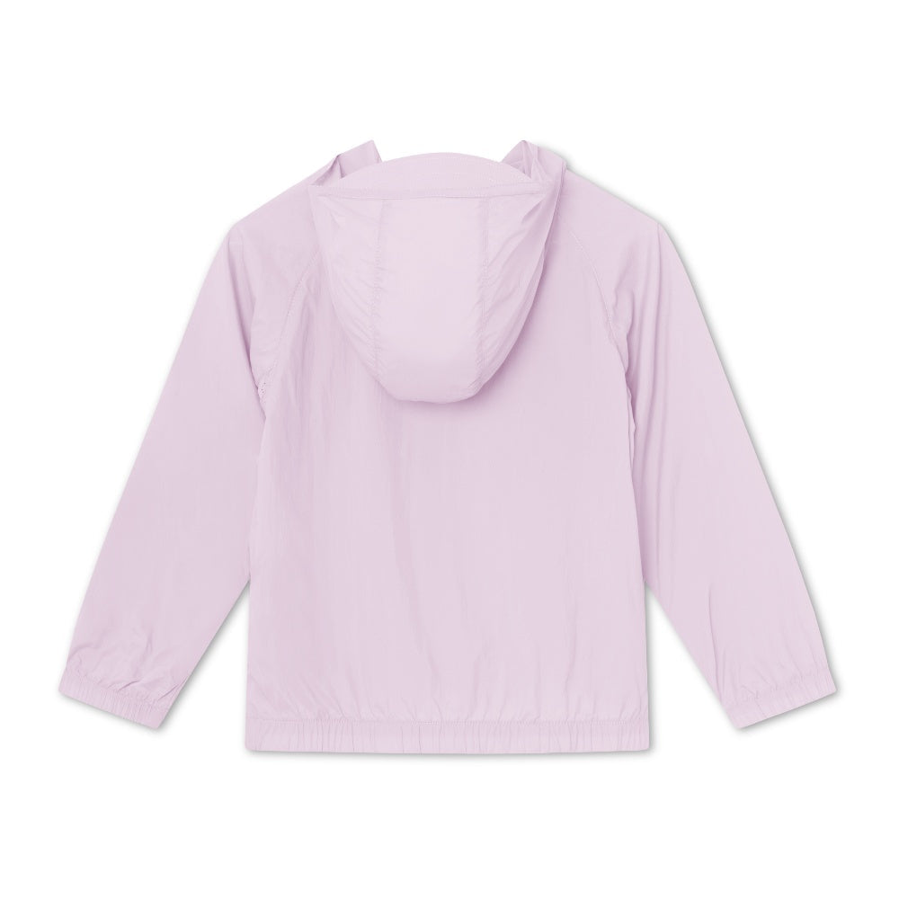 MINI A TURE Matasla UV Jacket Grs Thistle, lavender hooded jacket with elastic hem, back view.