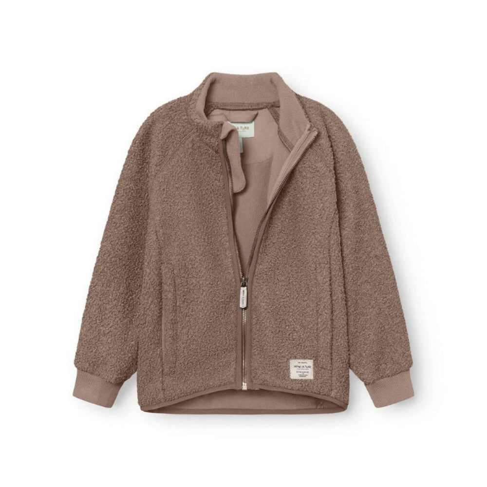 Mini A Ture Matcedric teddyfleece winter jacket, grey-brown, zip-front baby outerwear.