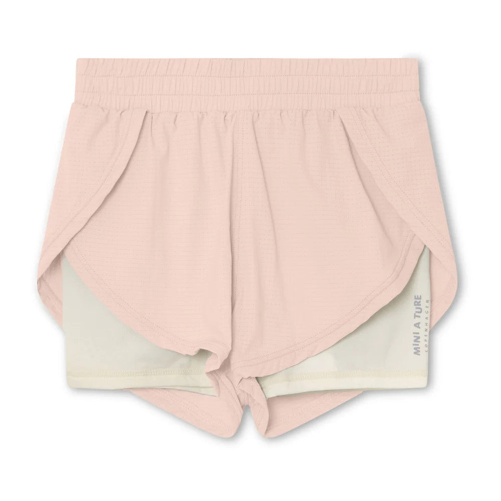 MINI A TURE Mateidie Shorts Grs Rose Dust laid flat; pink sleep shorts with light lining and elastic waistband