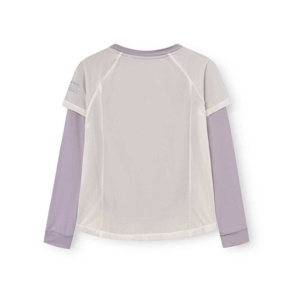 Mini A Ture Matstalia LS UV T-Shirt in Gull Purple with white overlay and lavender sleeves, back view.