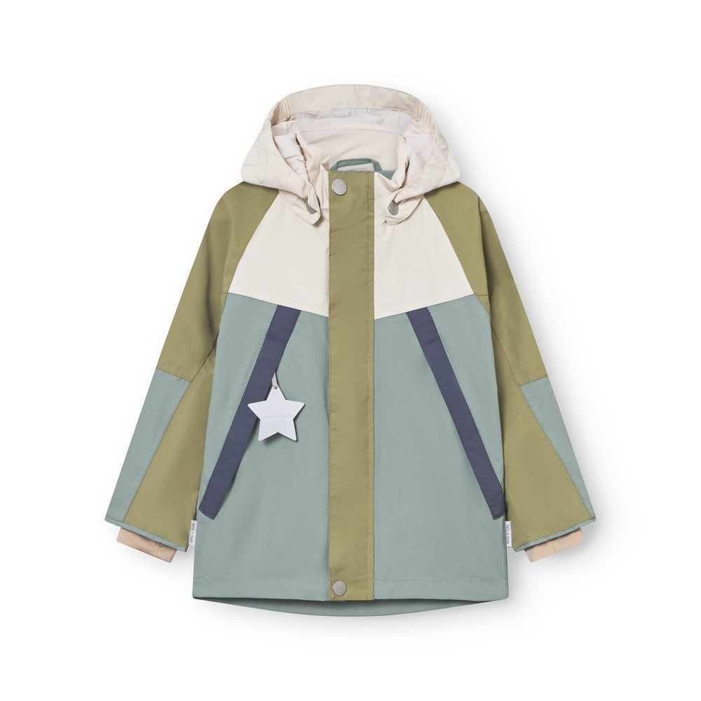 MINI A TURE Mini A Ture Matvalon Jacket Granite Green color blocked with diagonal navy stripes and white star patch img 1/6
