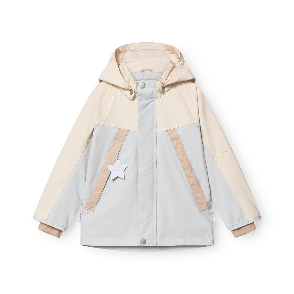 MINI A TURE Matvalon Spring Jacket Grs Blue Metal Grs, beige/light gray color-block with hood and star charm.
