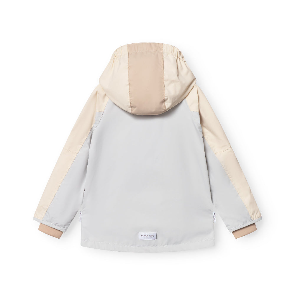 MINI A TURE Matvalon Spring Jacket Grs Blue Metal Grs; light grey body with beige sleeves and hood, back view.