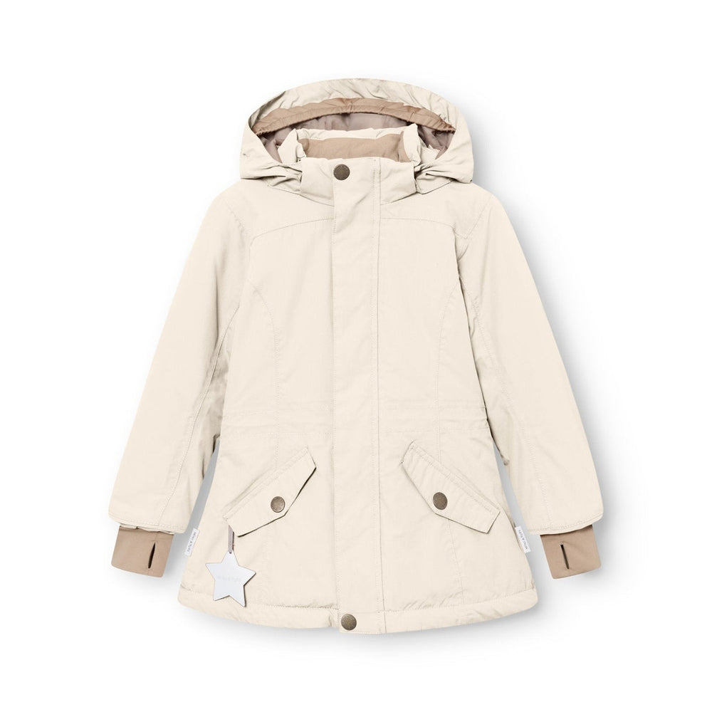 MINI A TURE Matvelaja winter jacket in angora cream for babies; hooded parka with front pockets.