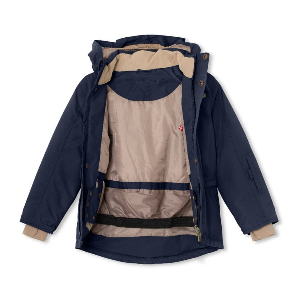 MINI A TURE Matvestyn ski jacket navy with beige lining, insulated, front zip and snap buttons