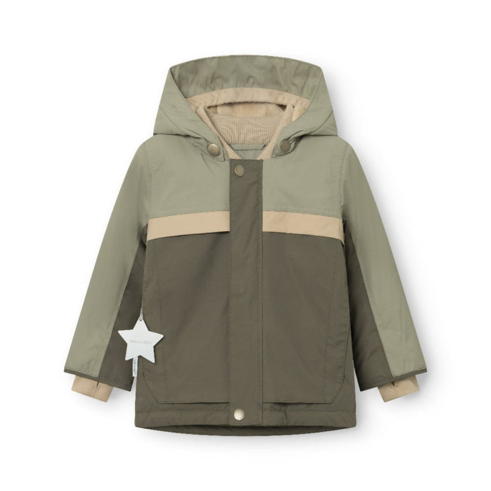 MINI A TURE Matwaldo fleece-lined winter jacket in tarmac green with beige and khaki panels