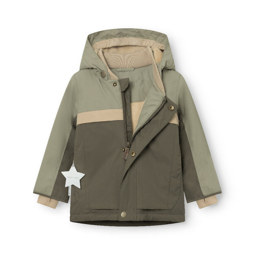 MINI A TURE Matwaldo fleece-lined winter jacket in tarmac green with beige accents for toddlers