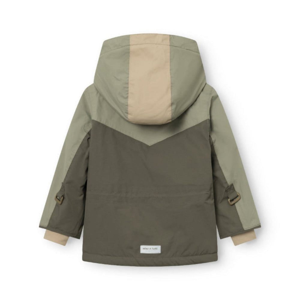 MINI A TURE Matwaldo fleece-lined winter jacket in tarmac green with beige hood panel for babies