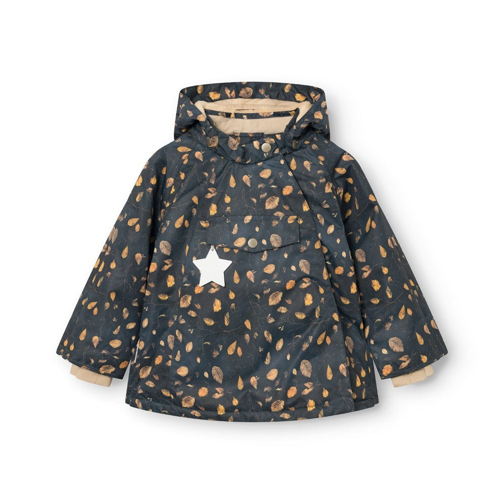 Mini A Ture baby jacket in navy with golden leaf print, fleece lining, hood, and white star patch
