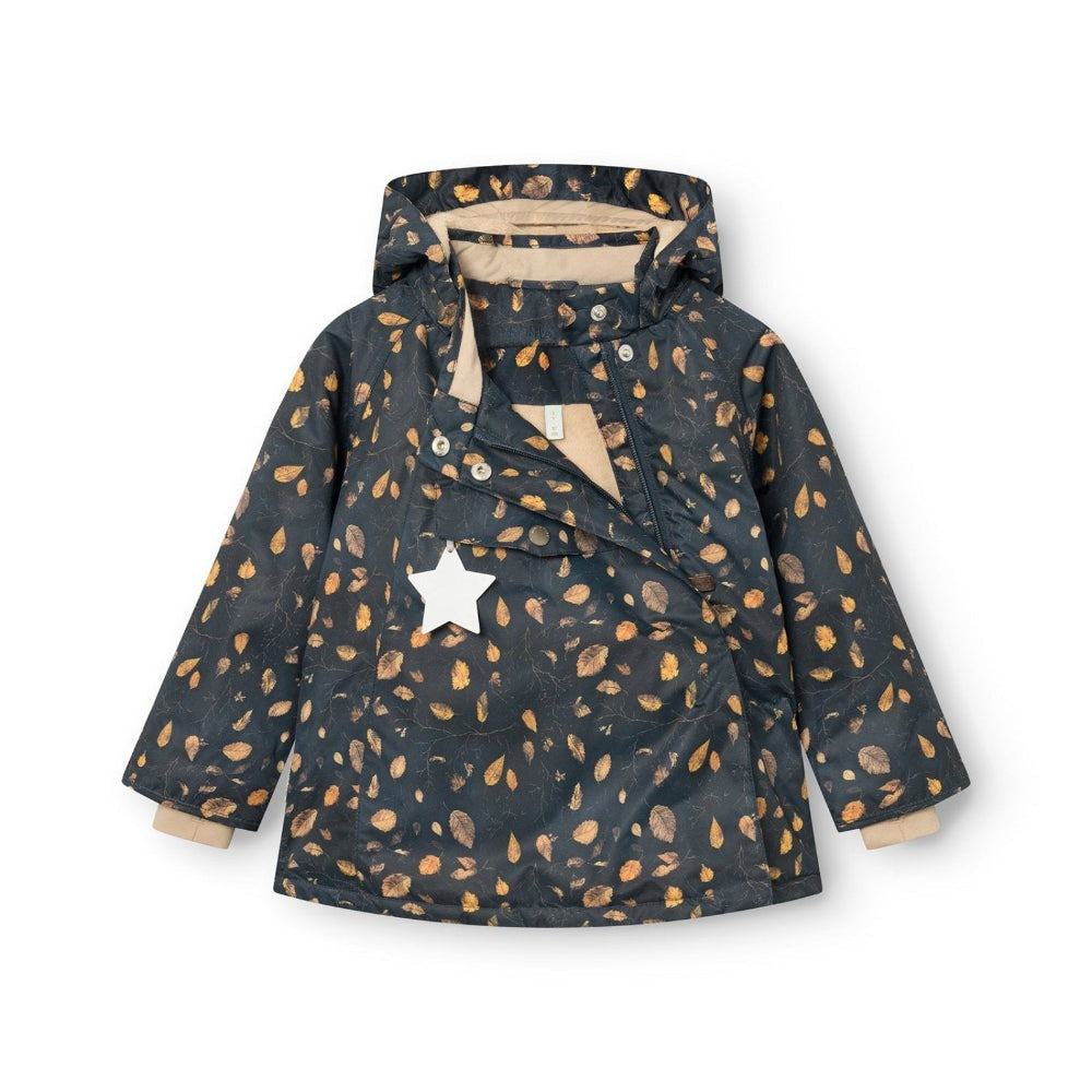 MINI A TURE Matwang fleece-lined winter jacket with brown leaf print on navy

