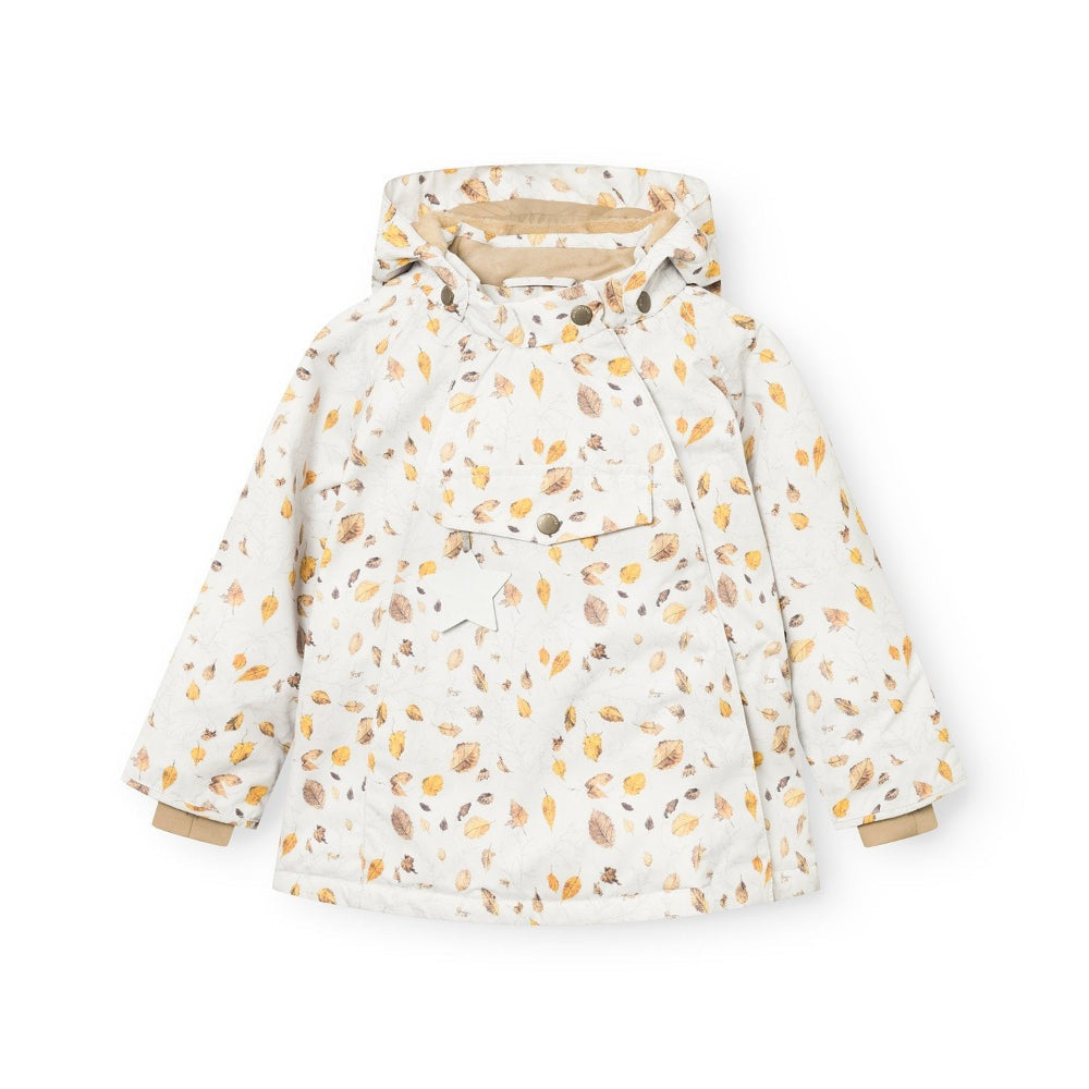 MINI A TURE Matwang fleece-lined winter jacket in white with falling autumn leaves print