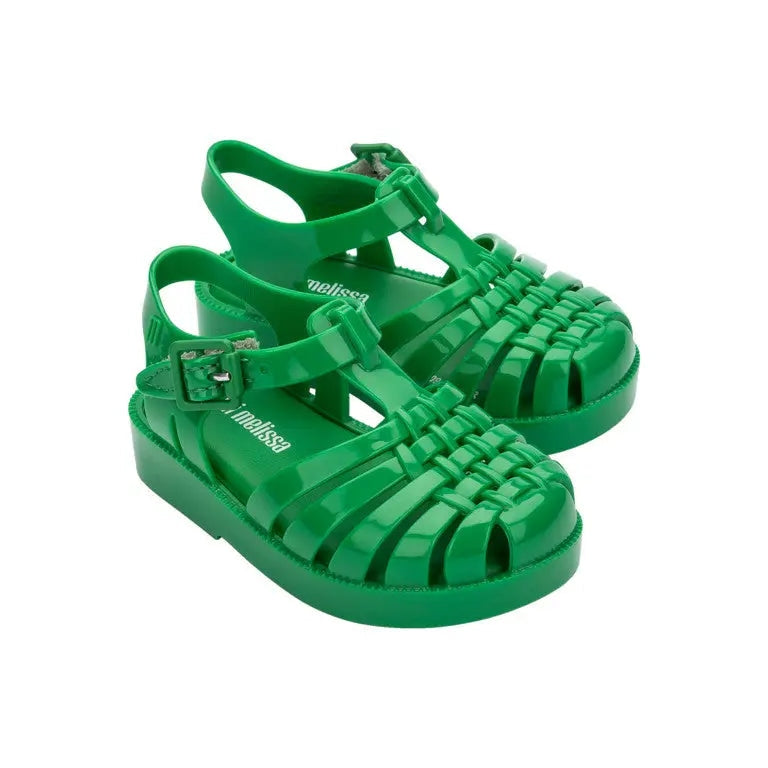 MINI MELISSA Mini Melissa Baby Possession Sandal Green; pair of glossy green rubber sandals with buckle straps.