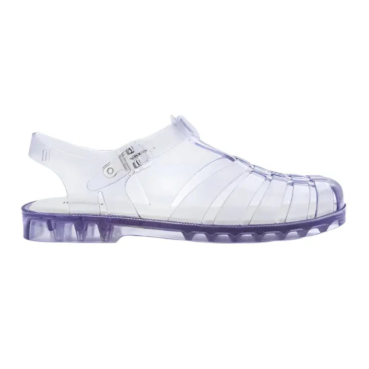 Mini Melissa Child Possession Sandal Clear Glass in transparent jelly with purple sole, buckle-secured strap.