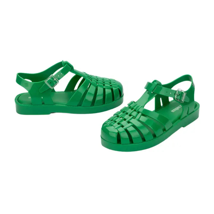 MINI MELISSA Possession Sandal Green, glossy jelly kids' sandals with woven toe and adjustable strap, two-view display