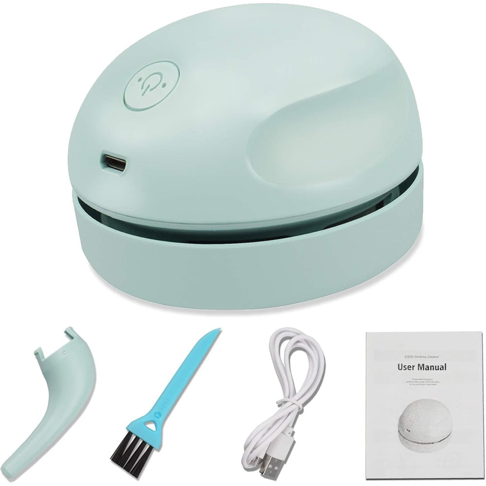BABY ENROUTE mini table vacuum cleaner set in green with USB charger, brush, nozzle, and user manual
