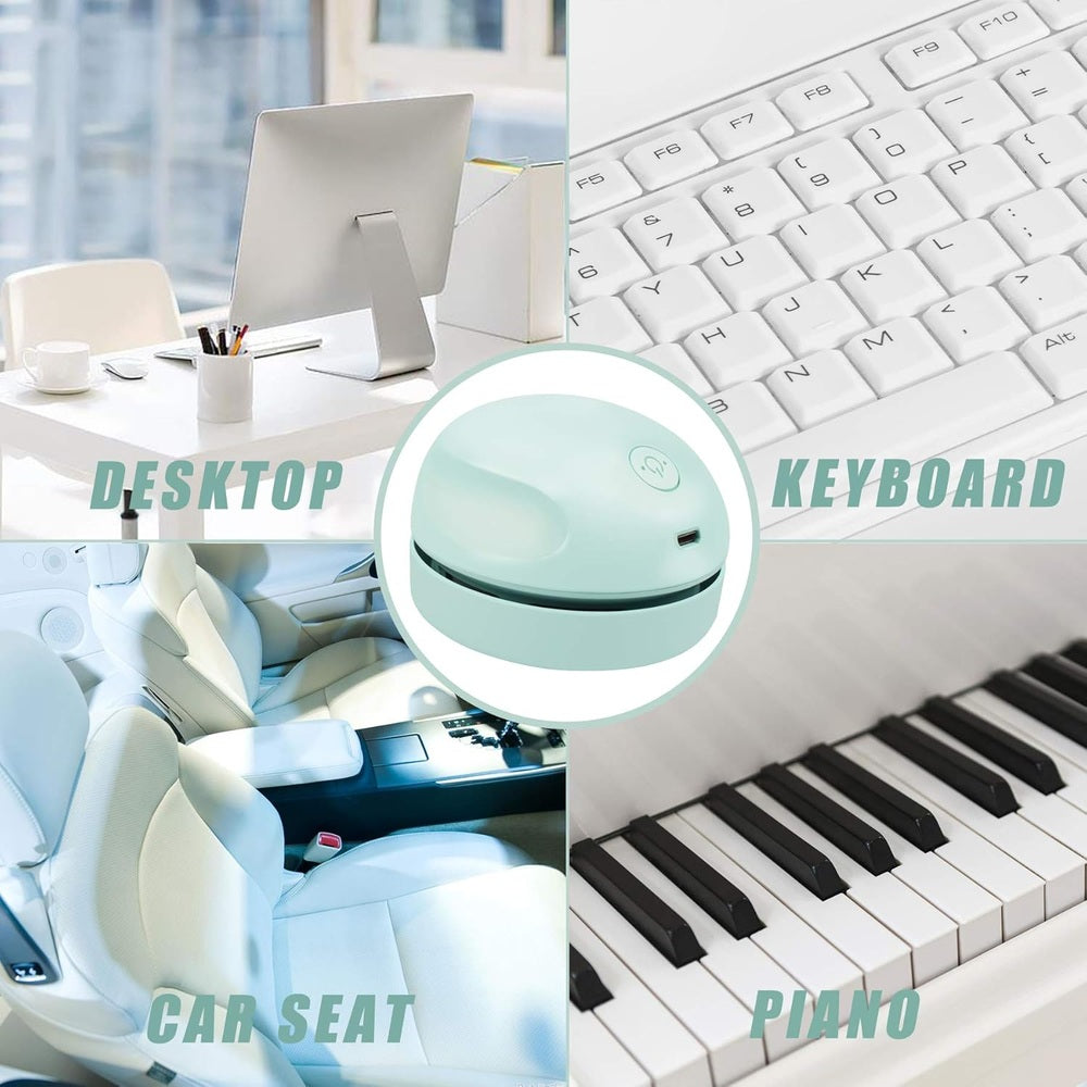 Baby Enroute mini desktop vacuum cleaner in mint green with USB charging for desk use.