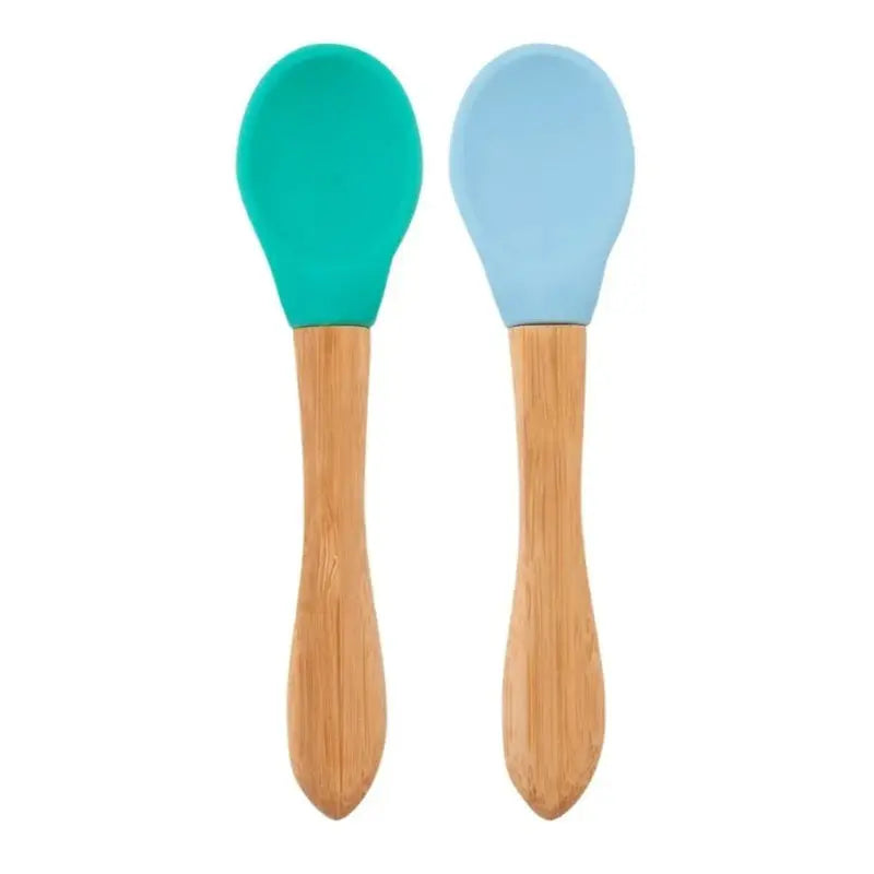 Minikoioi Scoops Spoons Set of 2, green and blue silicone heads on wooden handles shown side by side.