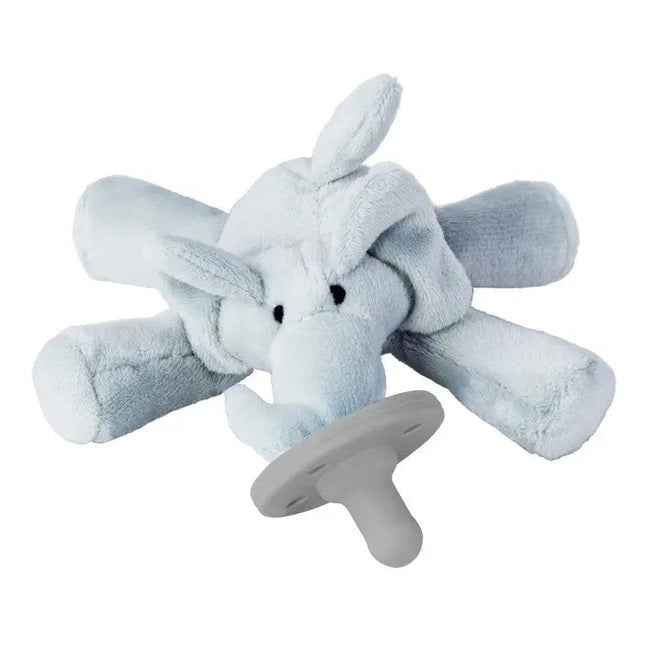 Minikoioi Sleep Buddy plush pacifier toy in light blue with a gray nipple, showing the soft plush design and attached pacifier.