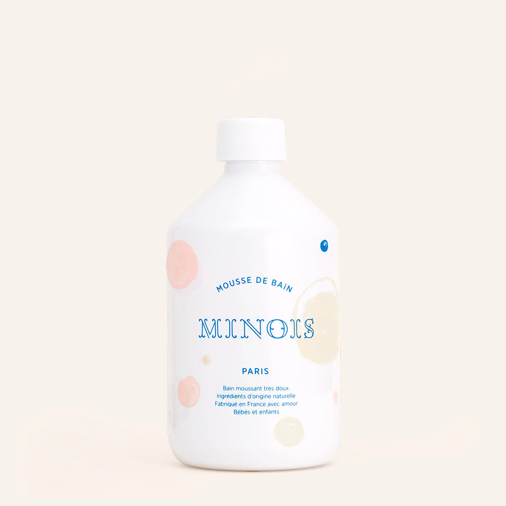 Minois Paris Bath Foam 500 ml bottle with pastel bubble graphics, gentle bath wash.