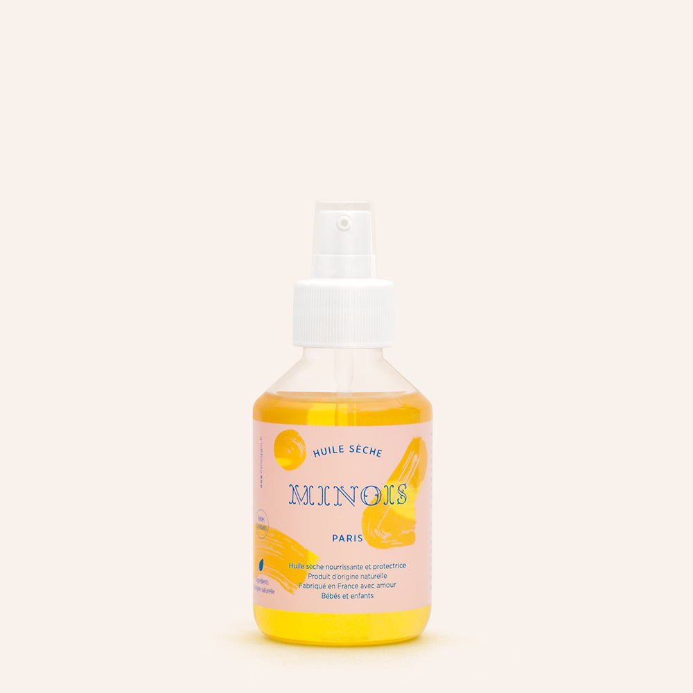 Minois Paris baby dry oil for body, hair and massage, 150 ml bottle with pink label