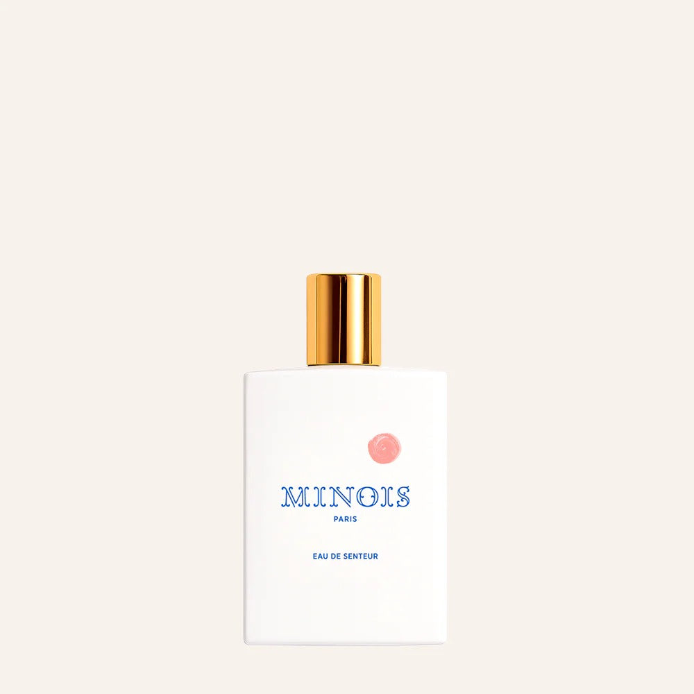 Minois Paris eau de senteur bottle, white rectangular with gold cap, blue logo and pink dot, 50 ml