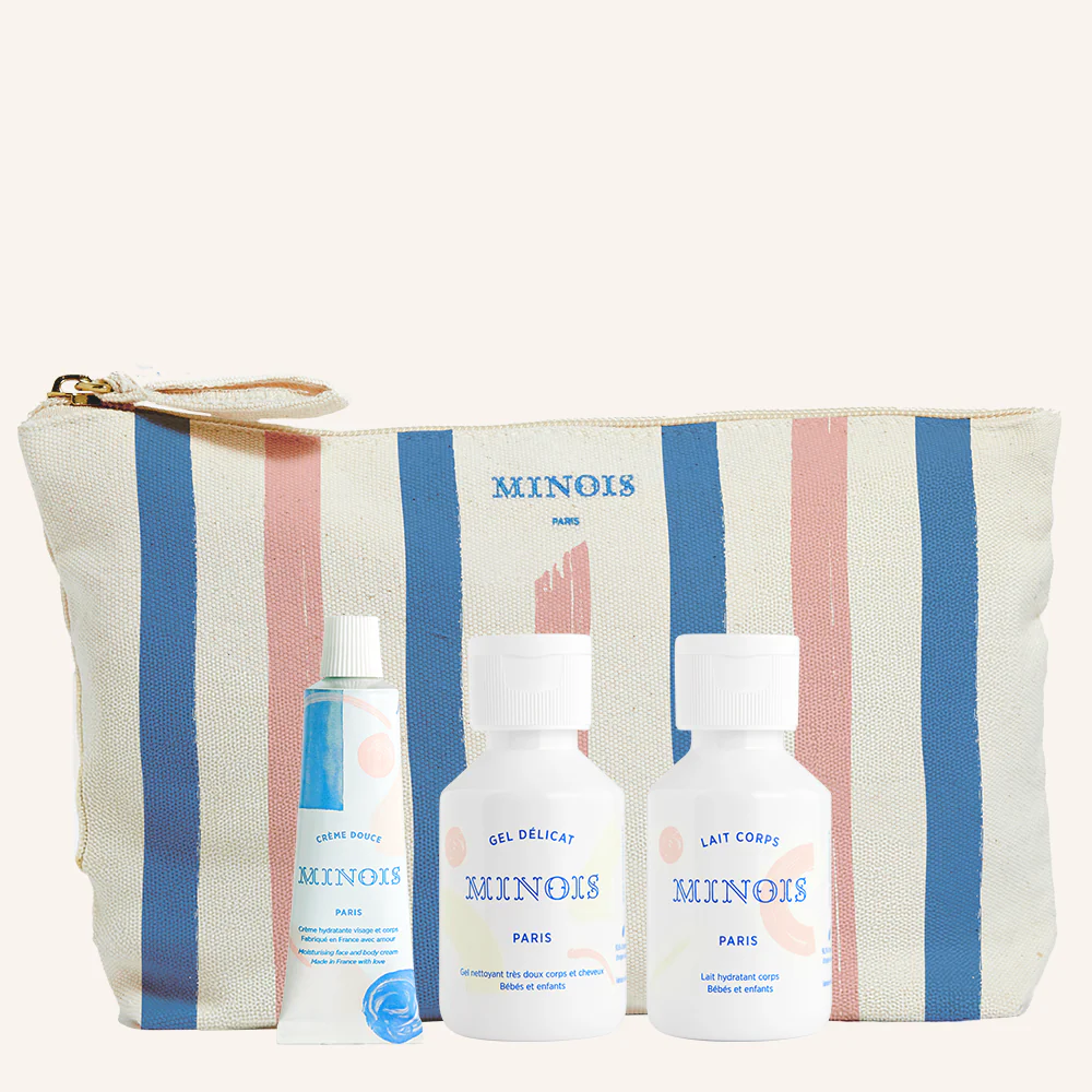MINOIS PARIS Minois Paris Essentials Travel Set striped canvas pouch with three body care bottles img 1/2