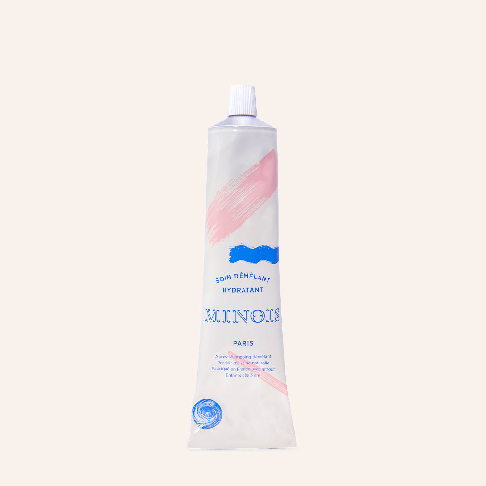 Minois Paris hydrating detangling conditioner tube, 180 ml, white with pink brush stroke and blue logo