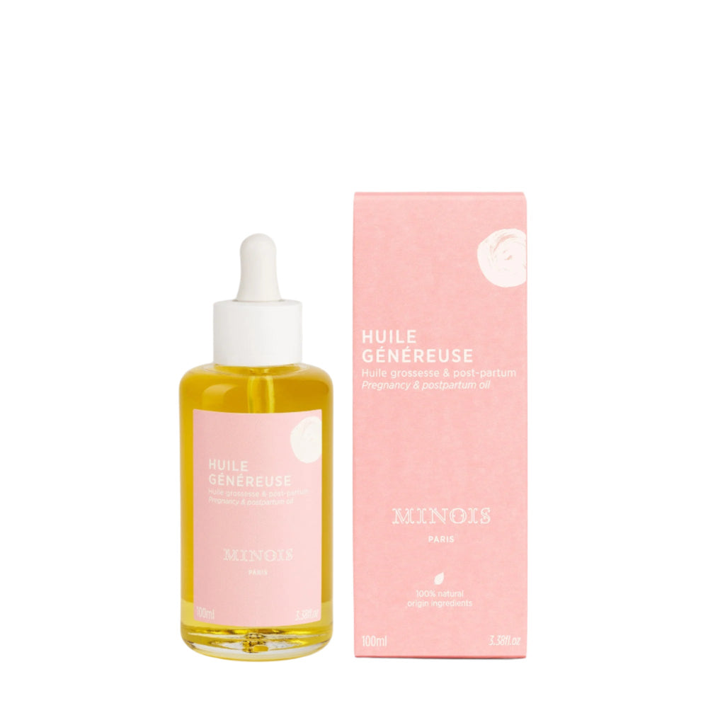 Minois Paris pregnancy and post-partum oil bottle with yellow oil and pink box, 100 ml