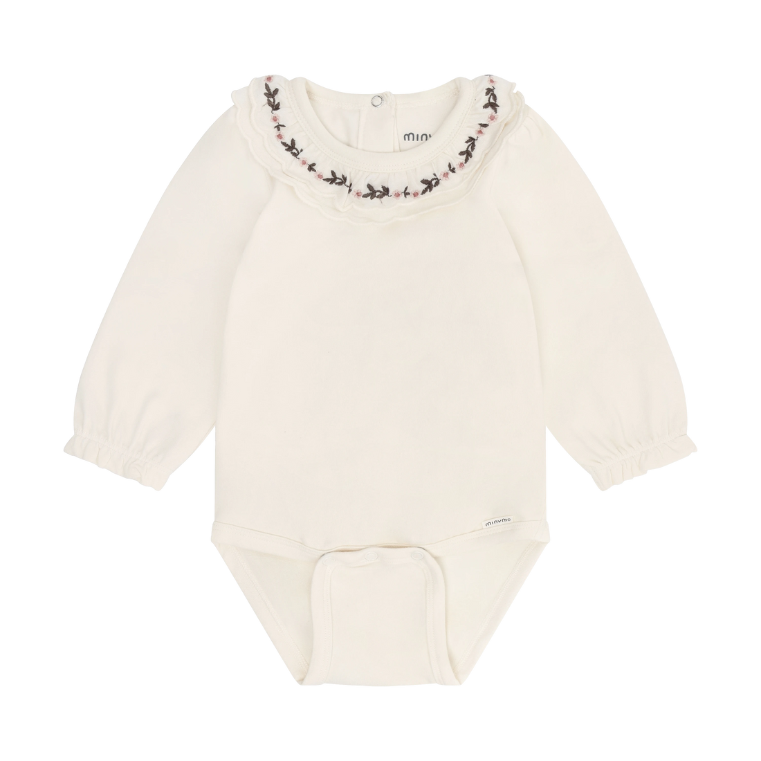 Minymo long sleeve bodysuit in Seedpearl with embroidered collar, front view