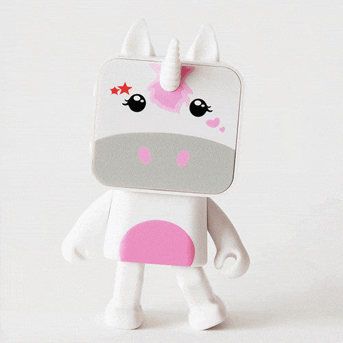 Mob Dancing Animals Bluetooth Speaker Unicorn, white figure with pink belly and grey face panel.