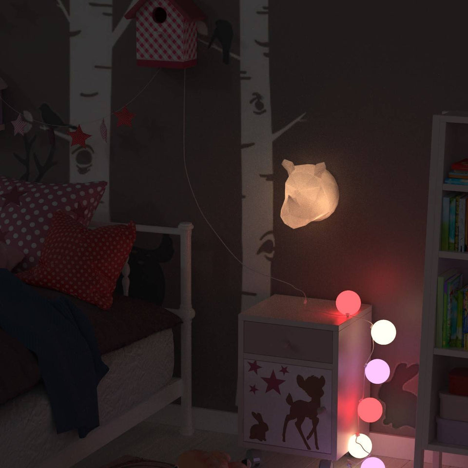 Mob Wall Night Light-Rhino with five pastel globe bulbs along a hanging string beside a white dresser in a child's room