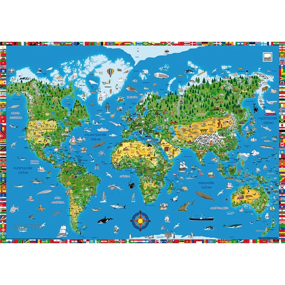 Moll Blotting Pad desk blotter with illustrated world map on blue and a colorful flag border.