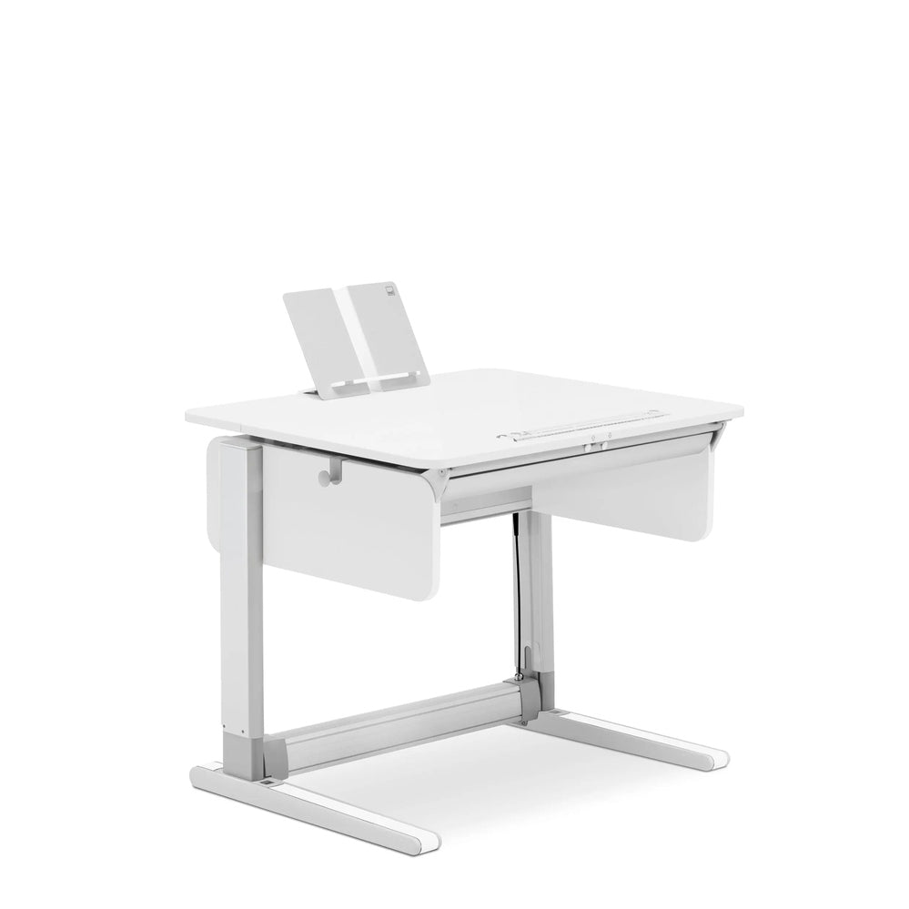 Moll Champion Compact Express height-adjustable desk in white with fold-out keyboard tray extended.