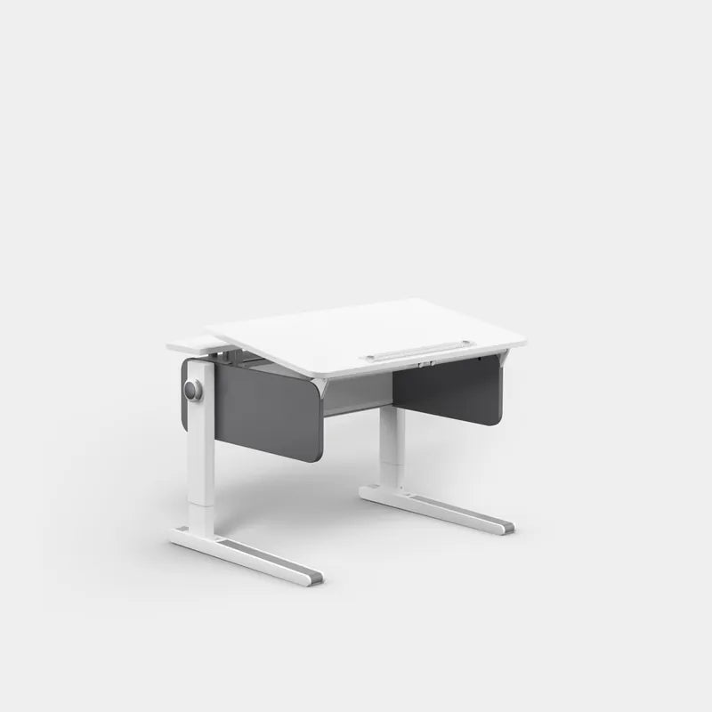 MOLL Champion Compact Height Adjustable Desk in white with gray panels, shown with a side height-adjust crank.