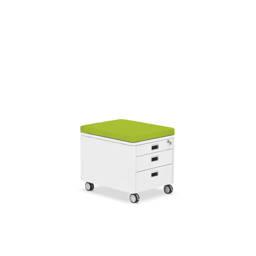 Moll Champion Cubic Pad rolling cabinet in white with lime-green cushion top and three drawers on wheels.