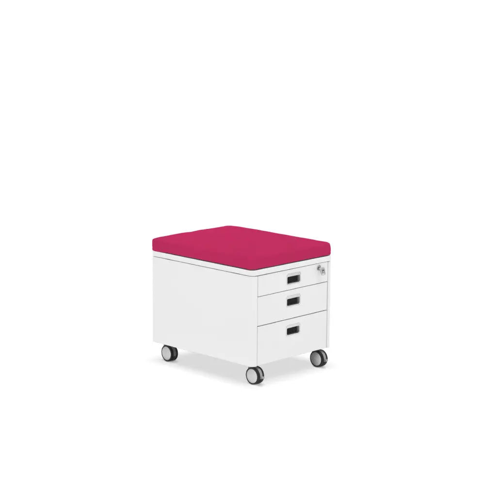 Moll Champion Cubic Pad white three-drawer mobile cabinet with pink cushioned top on wheels