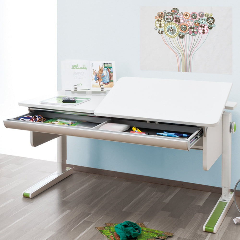 MOLL Champion Giant Drawer desk in white with a large pull-out drawer and adjustable legs