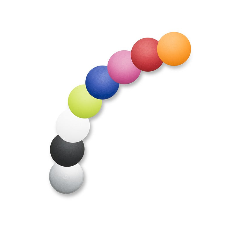 MOLL Champion Height Adjustable Desk Left Up, curved arc of colorful spheres demonstrates the rainbow color set.
