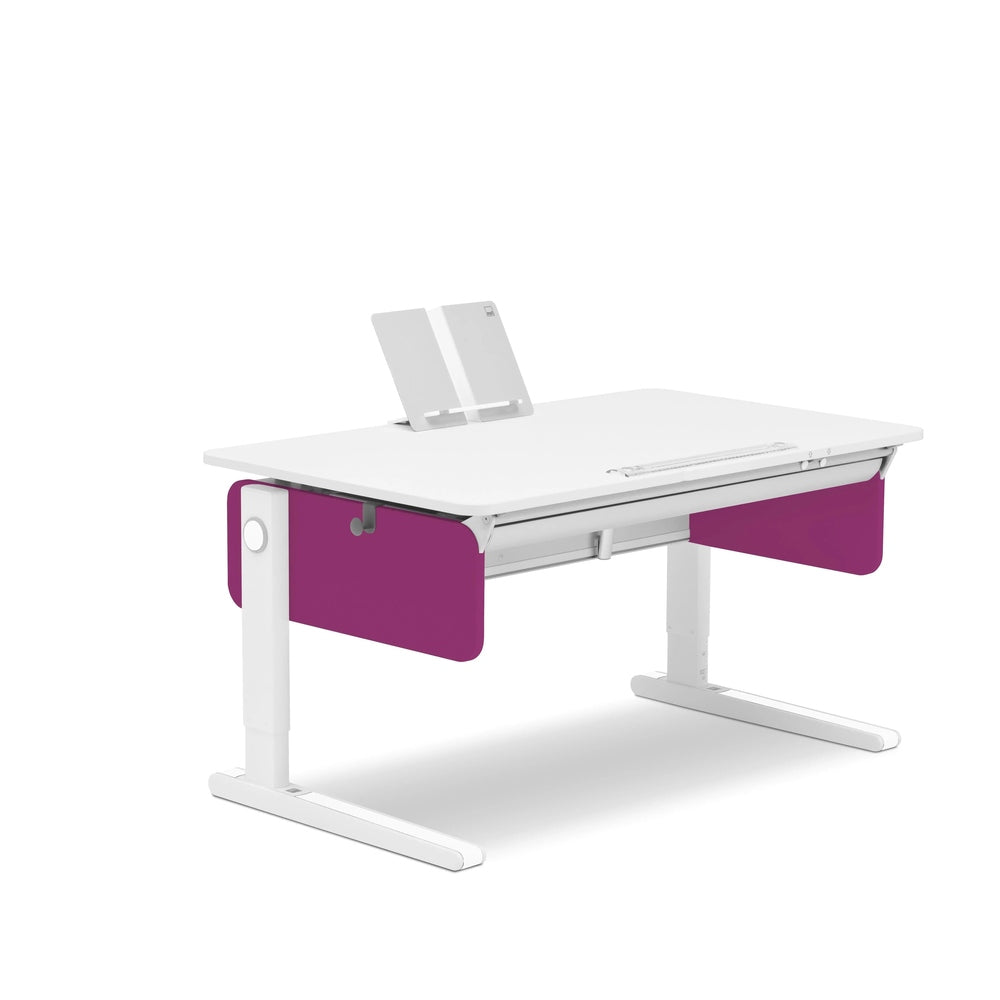 Moll Champion Height Adjustable Desk Right Up, white with purple side panels, demonstrating its sit-stand action.