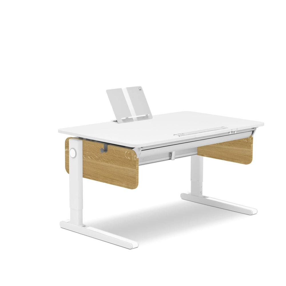Moll Champion Height Adjustable Desk Right Up, white top with light oak side panels, adjustable-height frame.