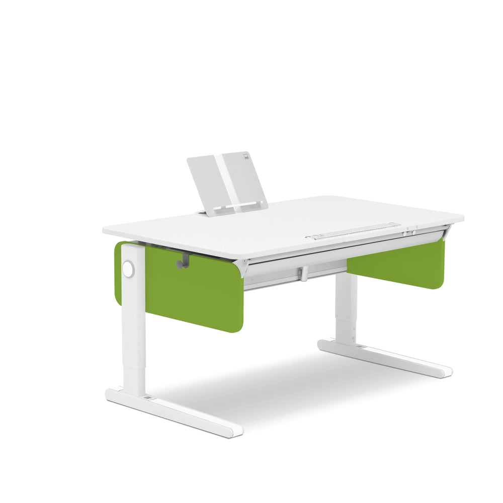 Moll Champion Height Adjustable Desk Right Up in standing position with white top and green side panels, monitor stand on surface