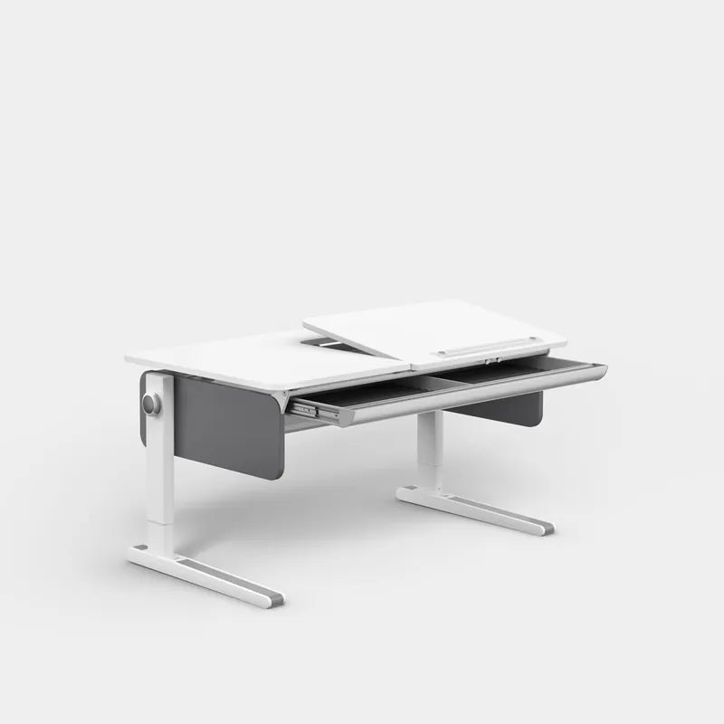 MOLL Champion Height Adjustable Desk Right Up, white with dual-leg metal frame and top surface raised.