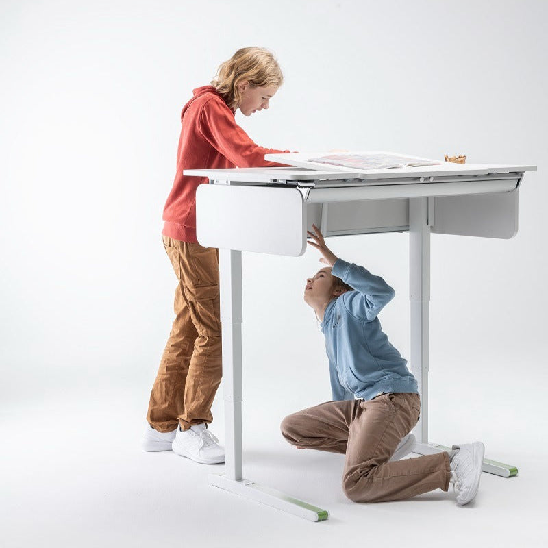 MOLL e-Champion height-adjustable electric desk; two children interact with the desk.