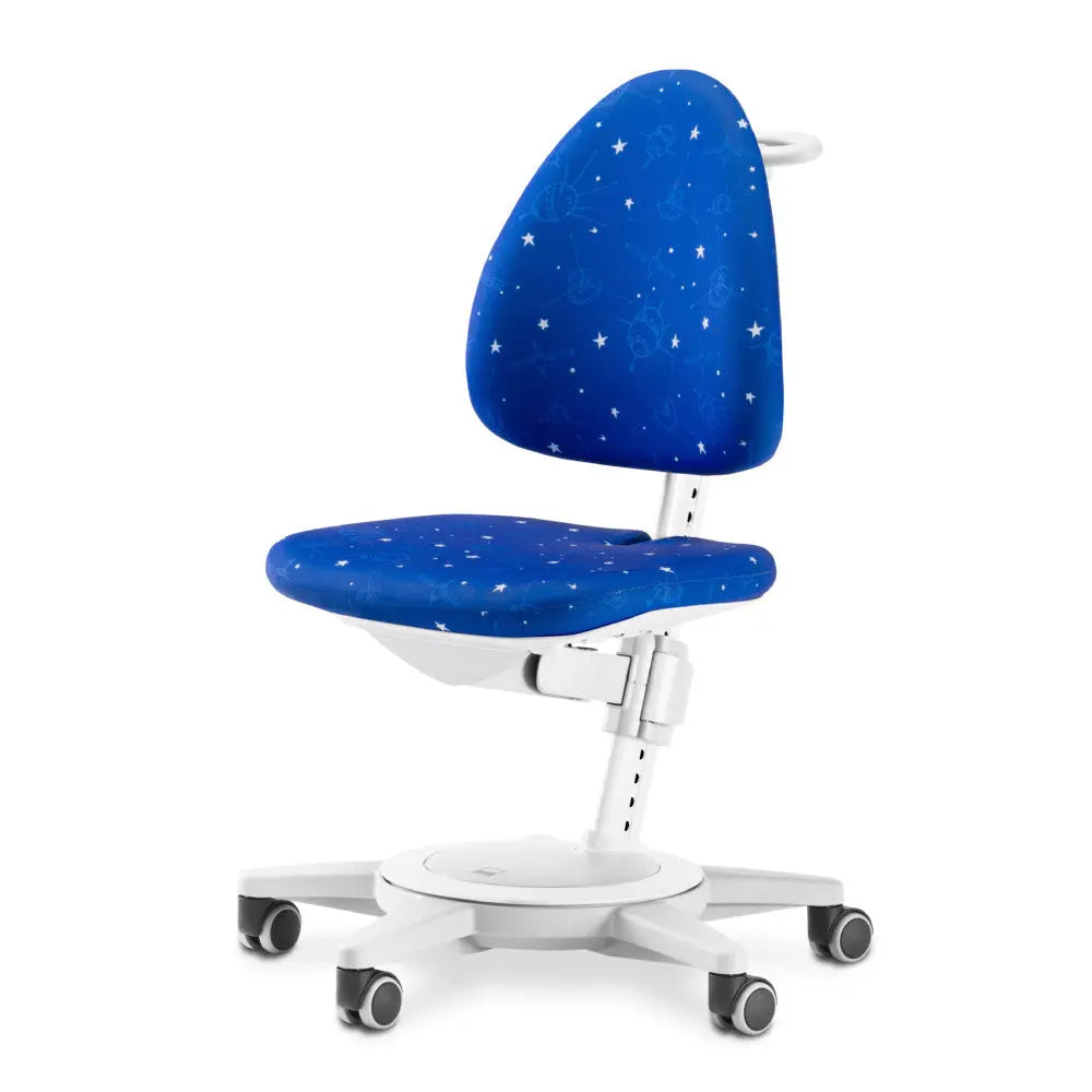 Moll Maximo children swivel chair with blue star-pattern upholstery, white frame, five-wheel base.