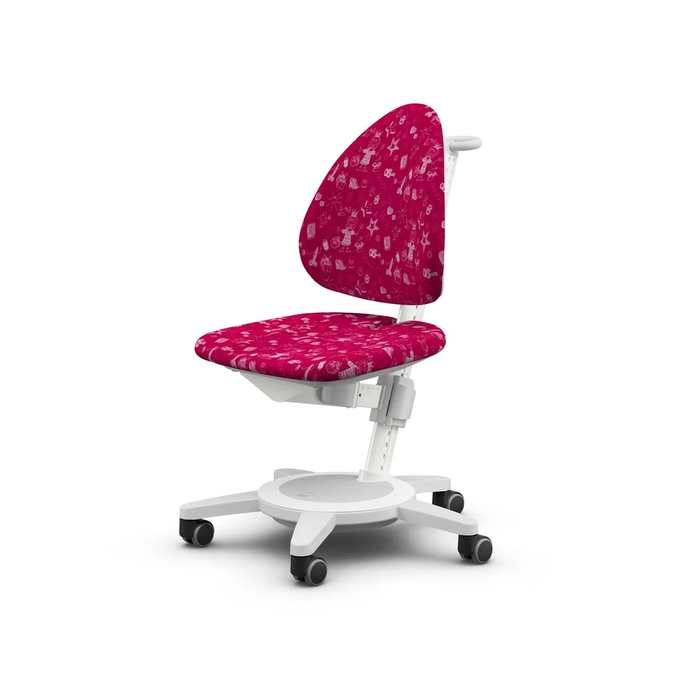 Moll Maximo children swivel chair with white frame and pink patterned upholstery on a rolling five-caster base.