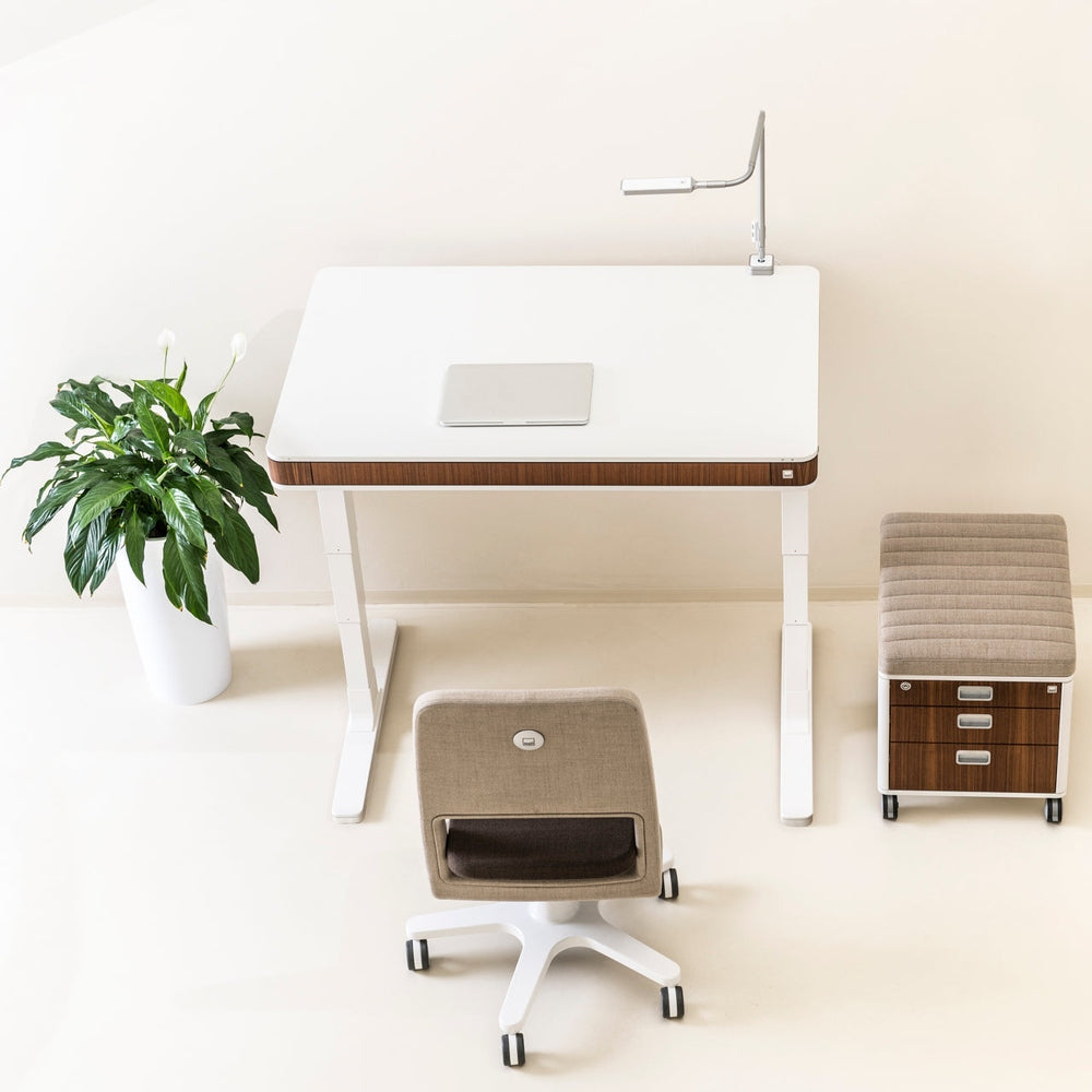 Moll S9 beige/dark brown office chair with white base, shown with matching beige stool and white desk