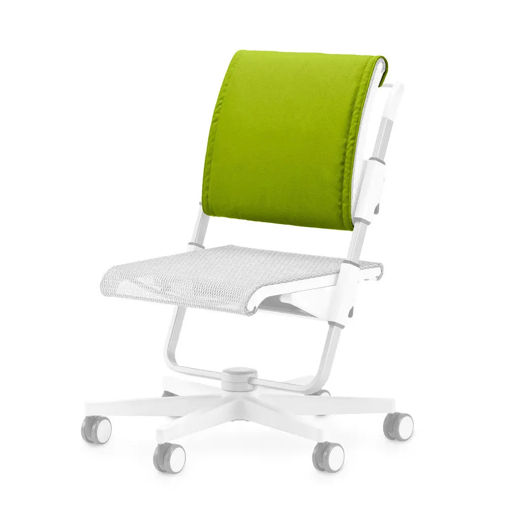 Moll Scooter Back Cushion attached to a white rolling office chair with lime green lumbar support.