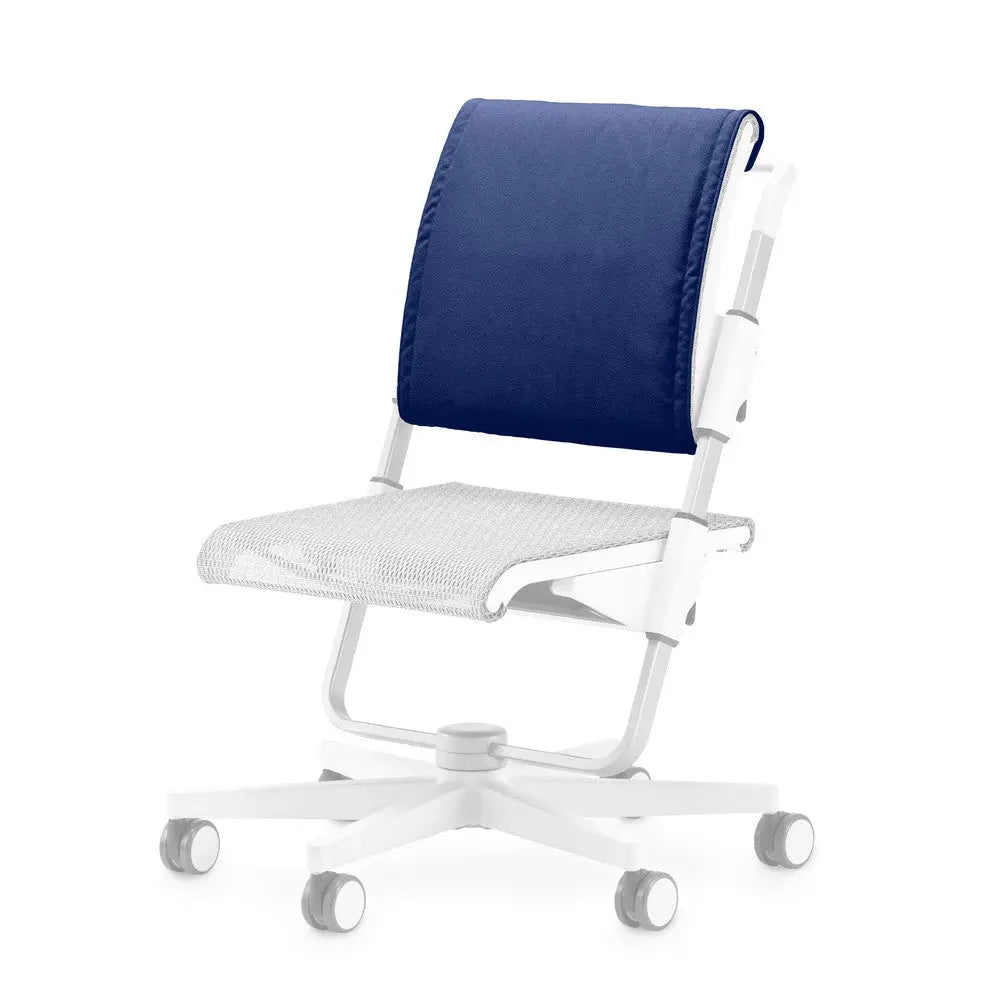 Moll Scooter Back Cushion in blue mounted on a white rolling chair, showcasing a mesh seat and wheeled base.